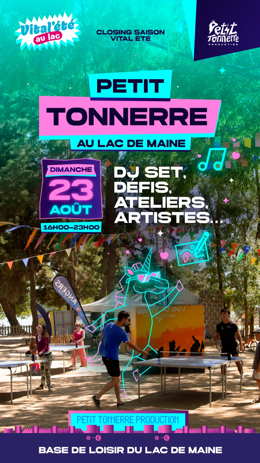 Affiche Petit Tonnerre au lac de Maine, closing de saison Vital'été — dimanche 23 août, 16h00 à 23h00, DJ set, défis, ateliers, artistes